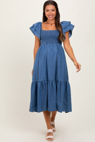 Blue Chambray Smocked Flutter Sleeve Maternity Dress