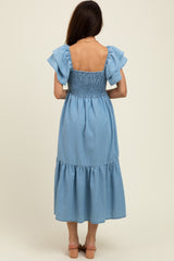 Light Blue Chambray Smocked Flutter Sleeve Dress