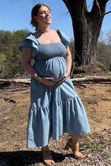Light Blue Chambray Smocked Flutter Sleeve Maternity Dress