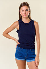 Navy Rib Knit Ruffle Trim Sleeveless Maternity Top