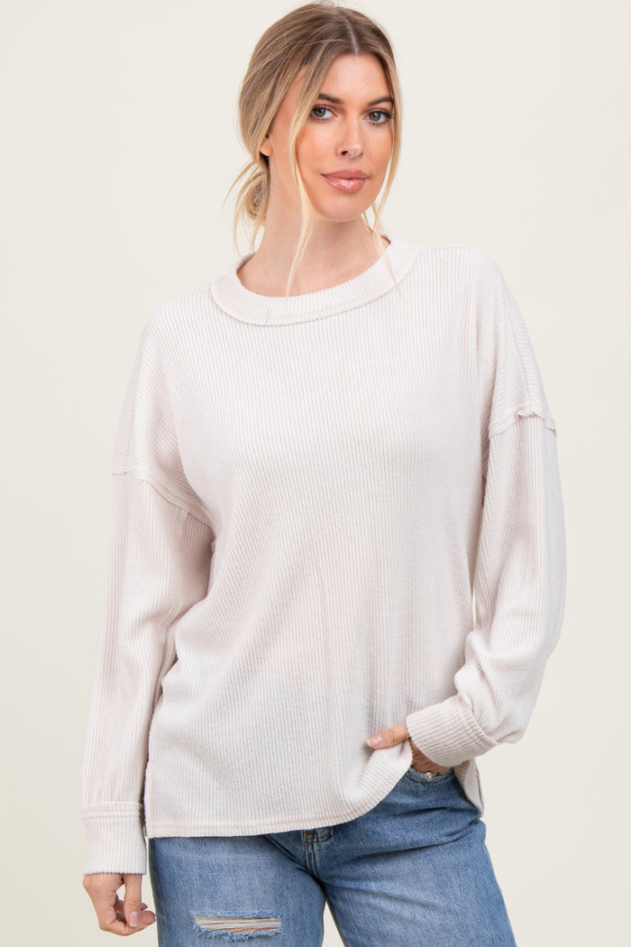 Beige Brushed Ribbed Knit Maternity Pullover