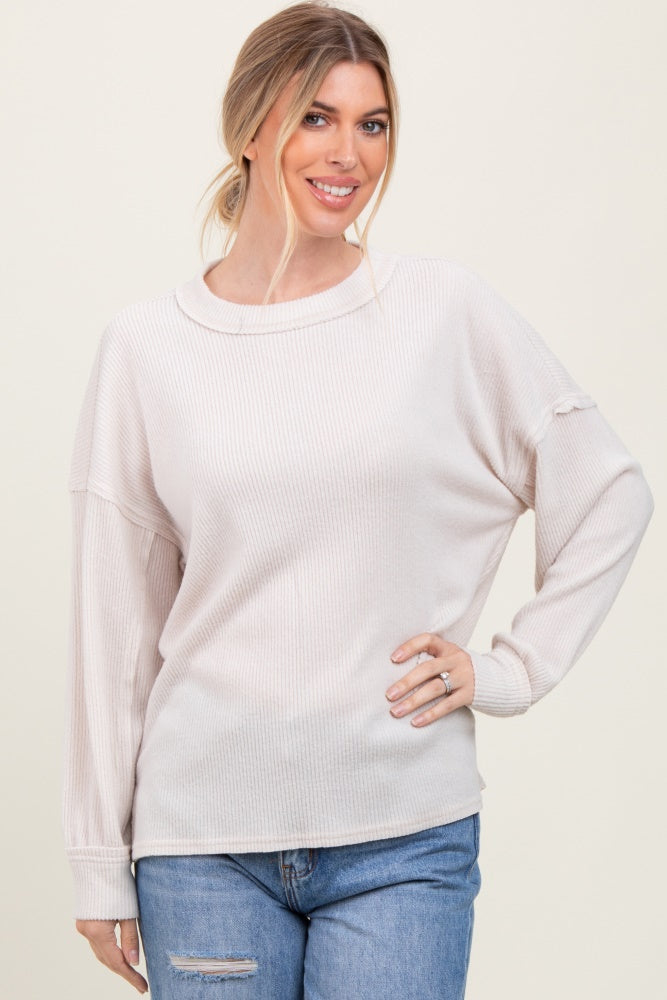 Beige Brushed Ribbed Knit Pullover