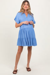 Blue Tiered Linen Maternity Dress
