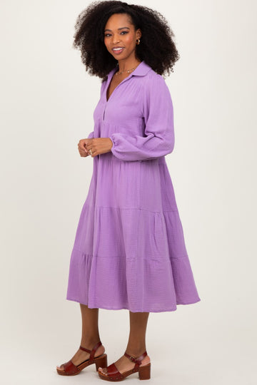Lavender Light Weight Collared Tiered Midi Dress