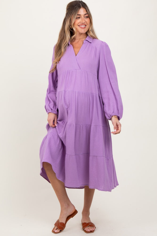 Lavender Light Weight Collared Tiered Maternity Midi Dress