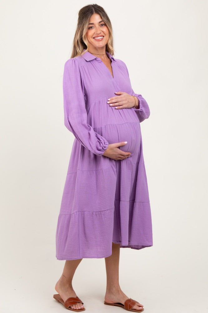 Lavender Light Weight Collared Tiered Maternity Midi Dress