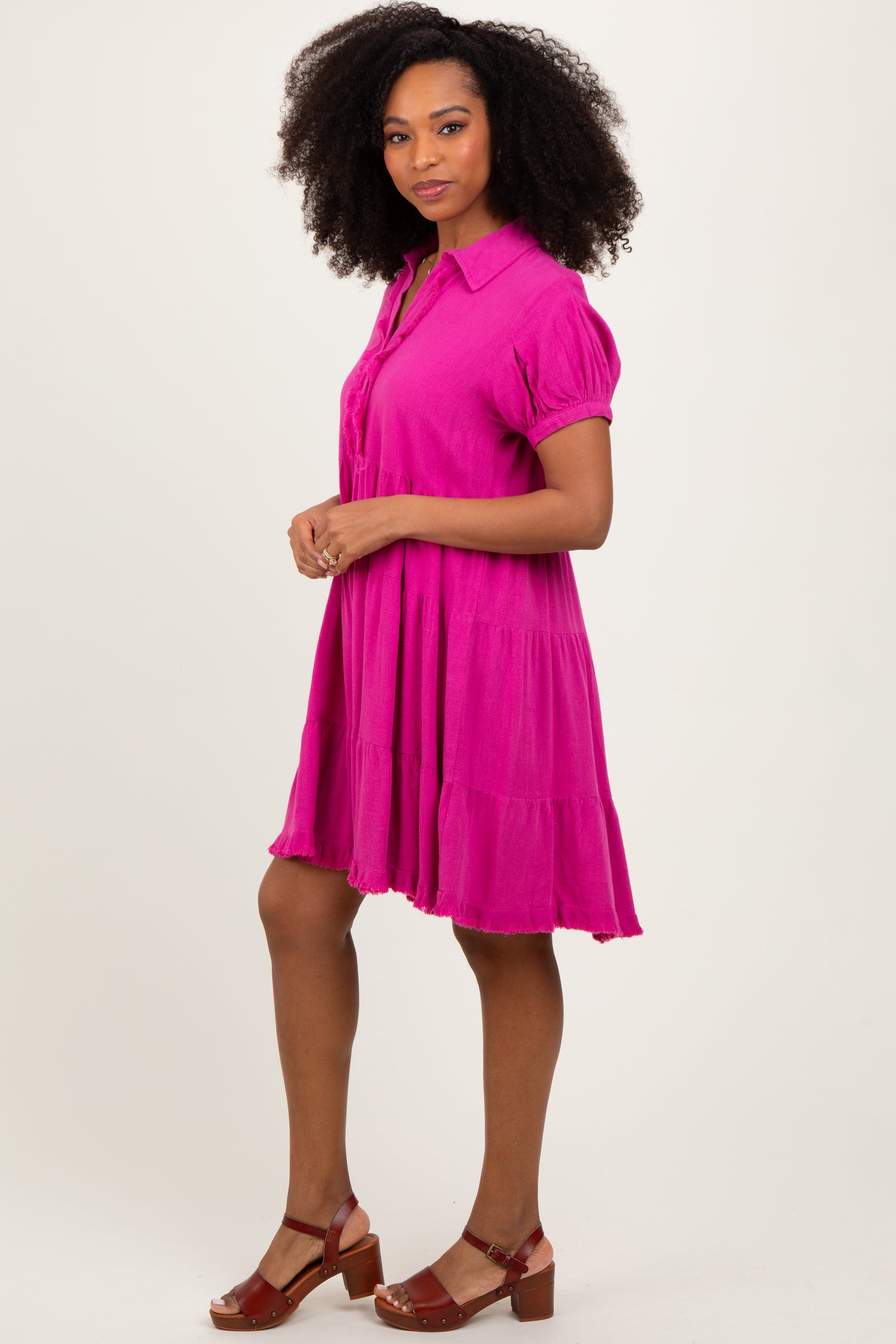 Fuchsia Tiered Collared Linen Dress