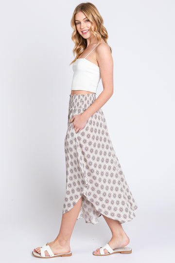 Grey Damask Print Smocked Waistband Midi Skirt