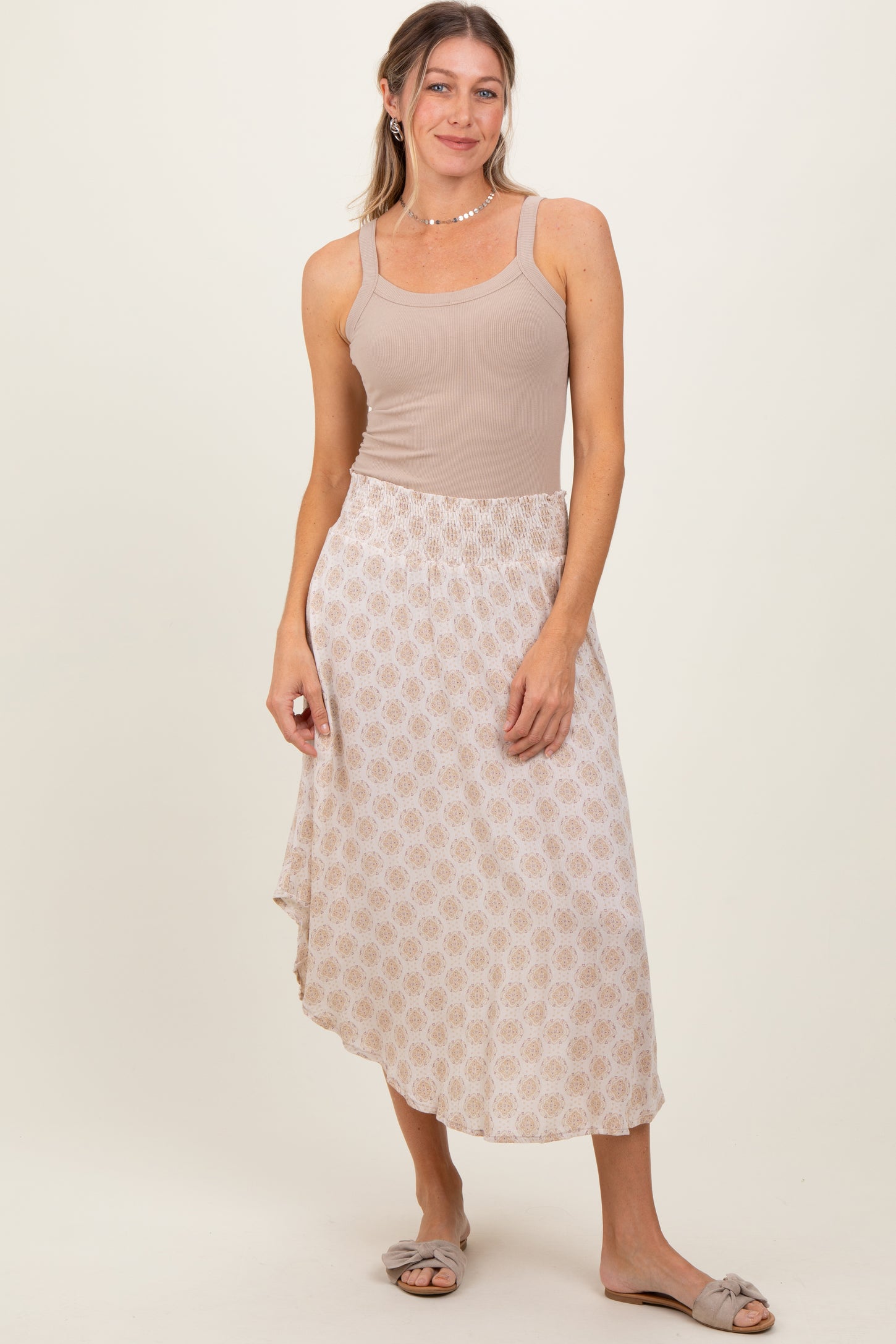 Beige Damask Print Smocked Waistband Maternity Midi Skirt