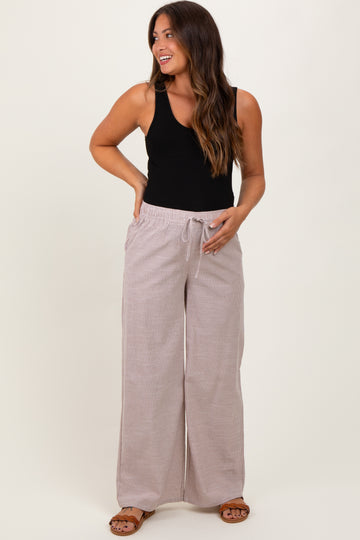 Light Taupe Striped Drawstring Wide Leg Maternity Pants
