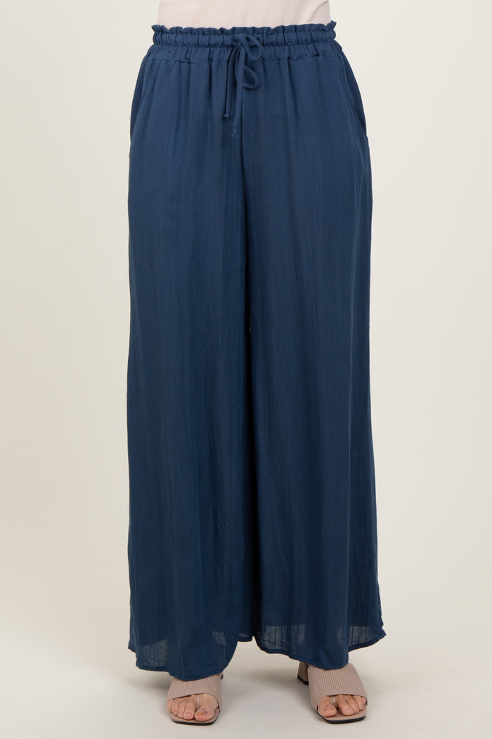 Navy Ruffled Drawstring Waist Wide Leg Pants