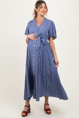 Blue Flutter Sleeve Button Down Maternity Maxi Dress