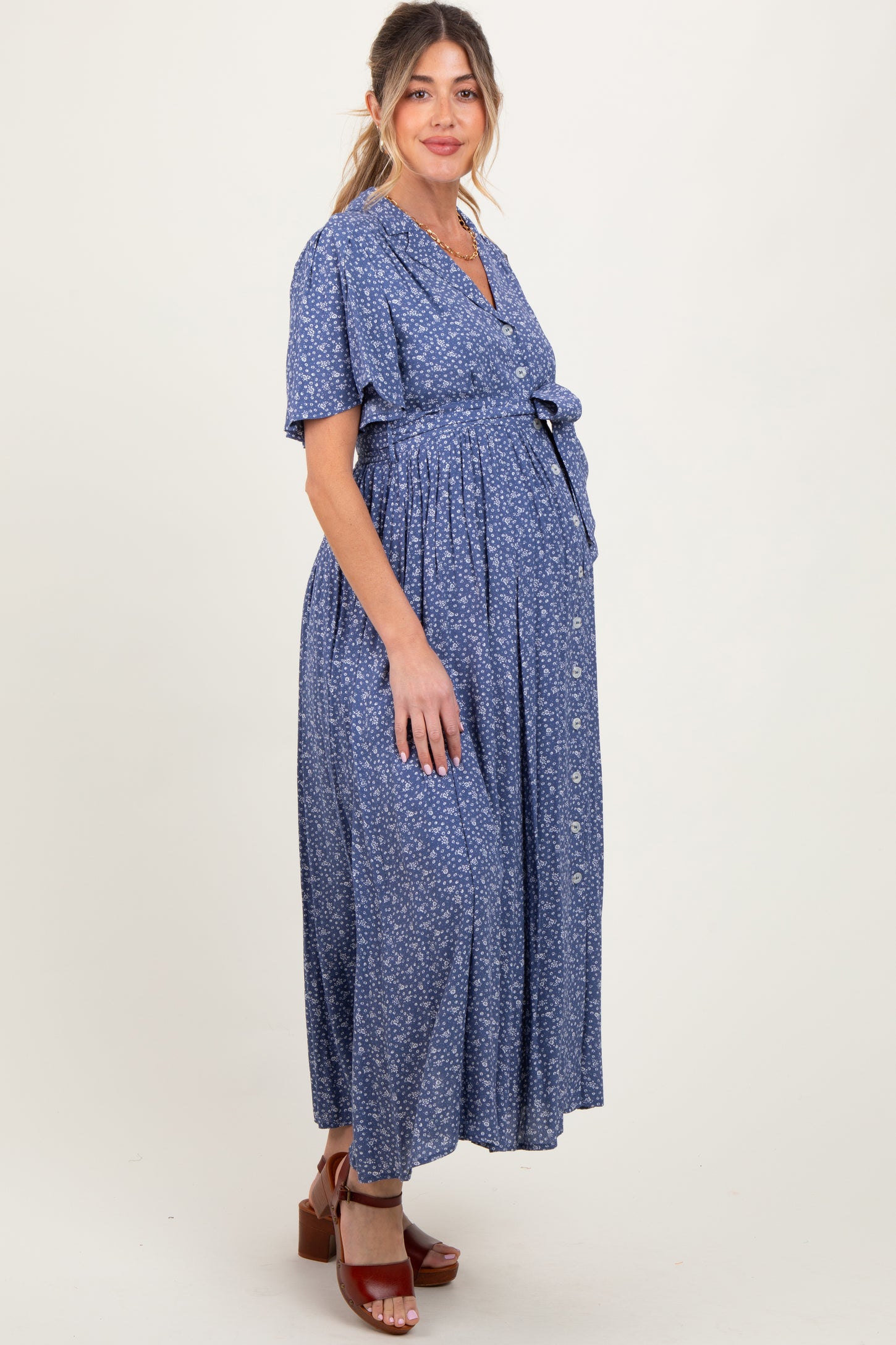 Blue Flutter Sleeve Button Down Maternity Maxi Dress