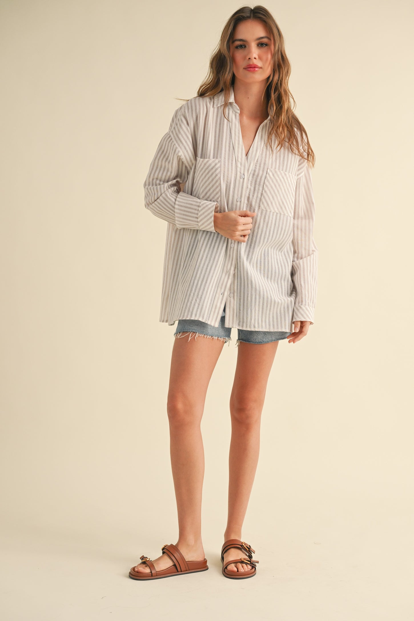 Beige Striped Double Pocket Button Down Top