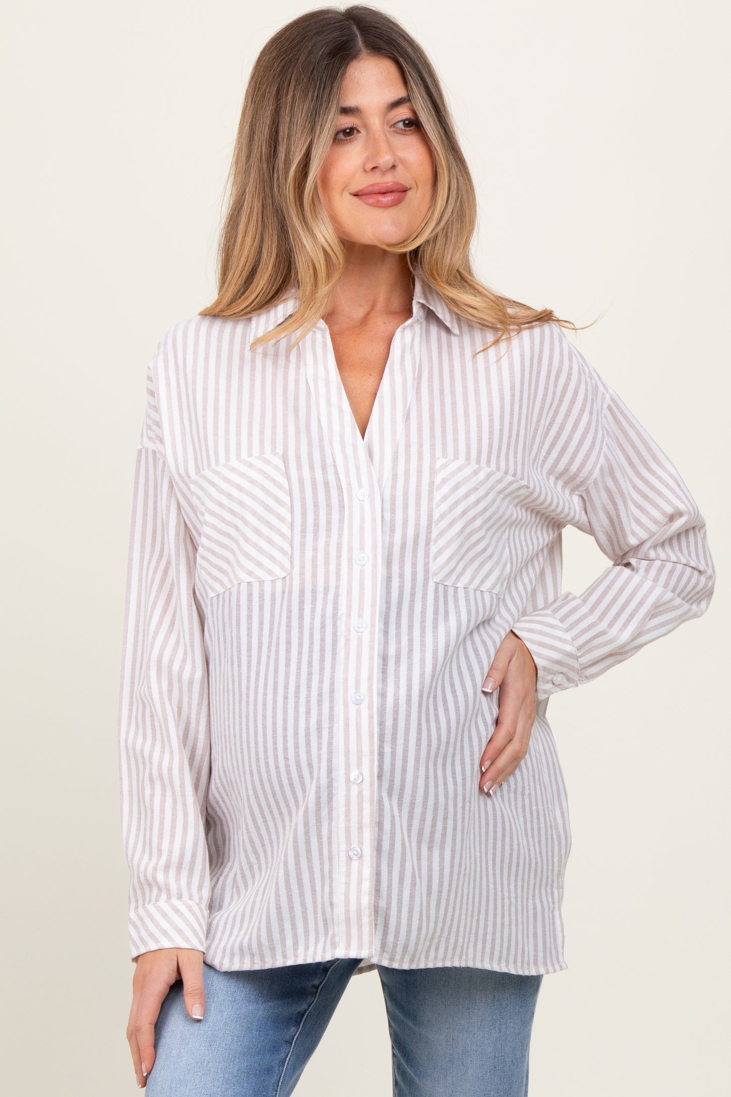 Beige Striped Double Pocket Maternity Button Down Top