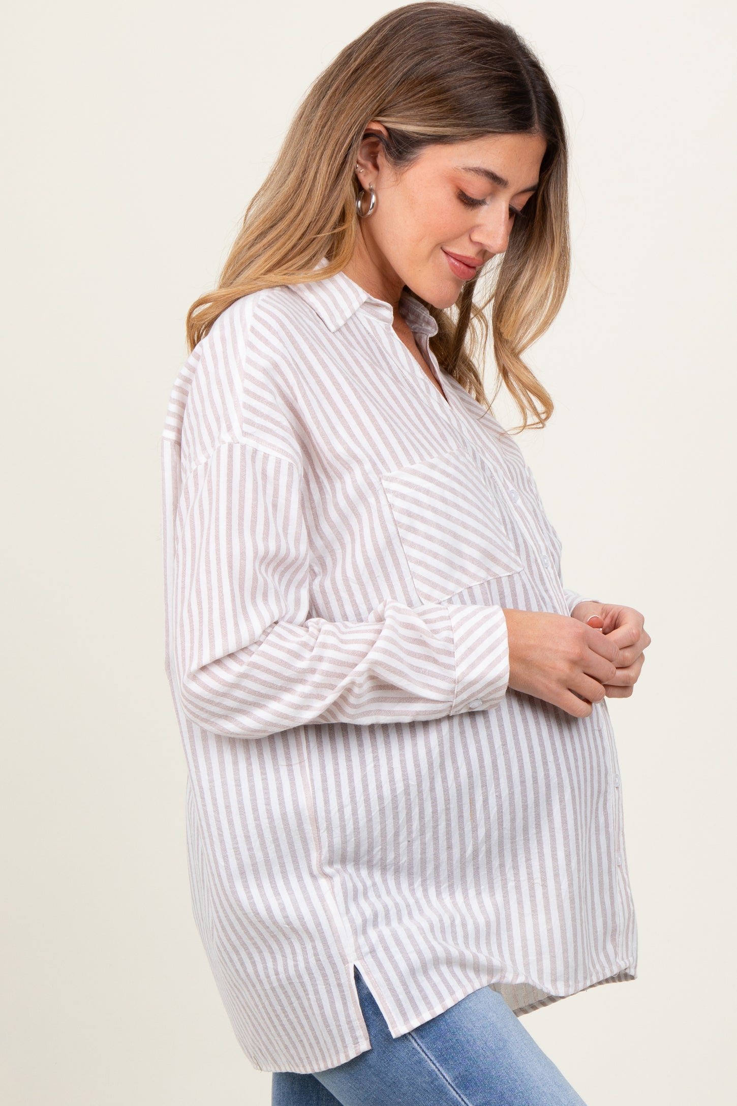 Beige Striped Double Pocket Maternity Button Down Top