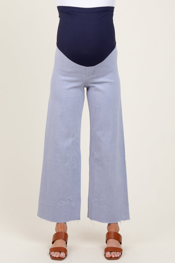 Periwinkle Blue Cropped Raw Hem Wide Leg Maternity Jeans