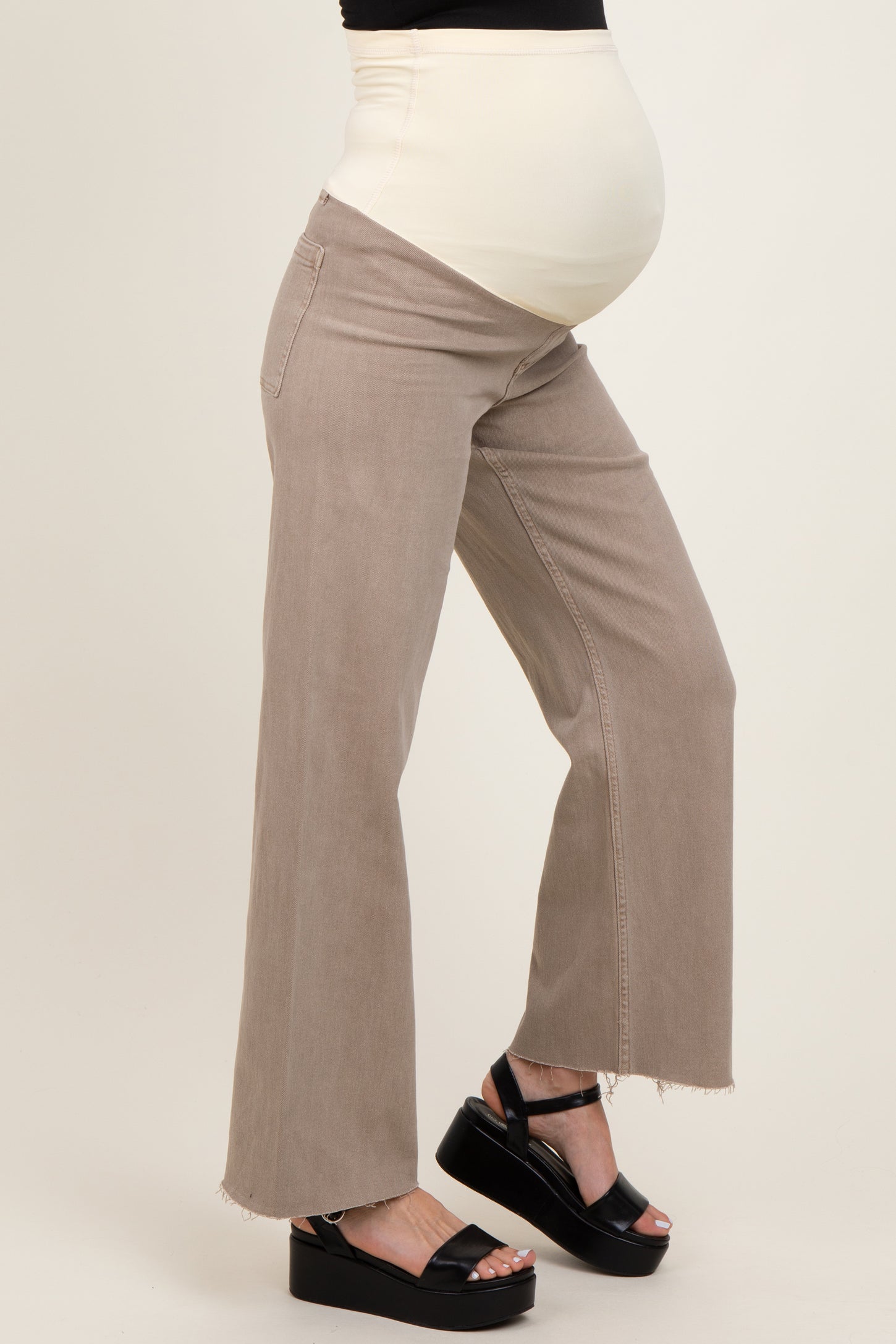Light Taupe Raw Hem Wide Leg Maternity Jeans