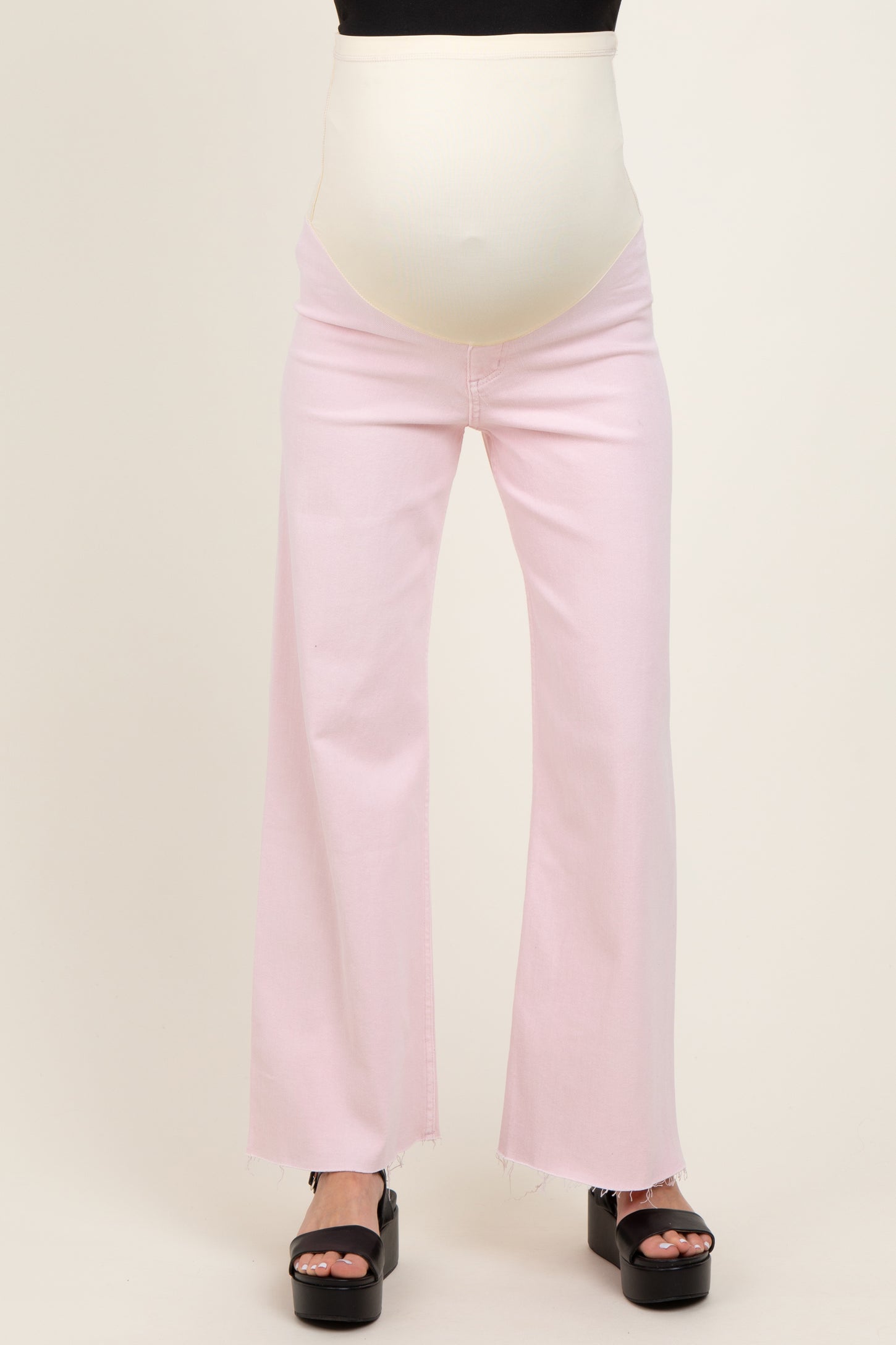 Light Pink Raw Hem Wide Leg Maternity Jeans