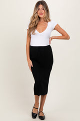 Black Ribbed Knit Drawstring Maternity Midi Skirt