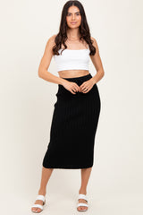 Black Ribbed Knit Drawstring Midi Skirt