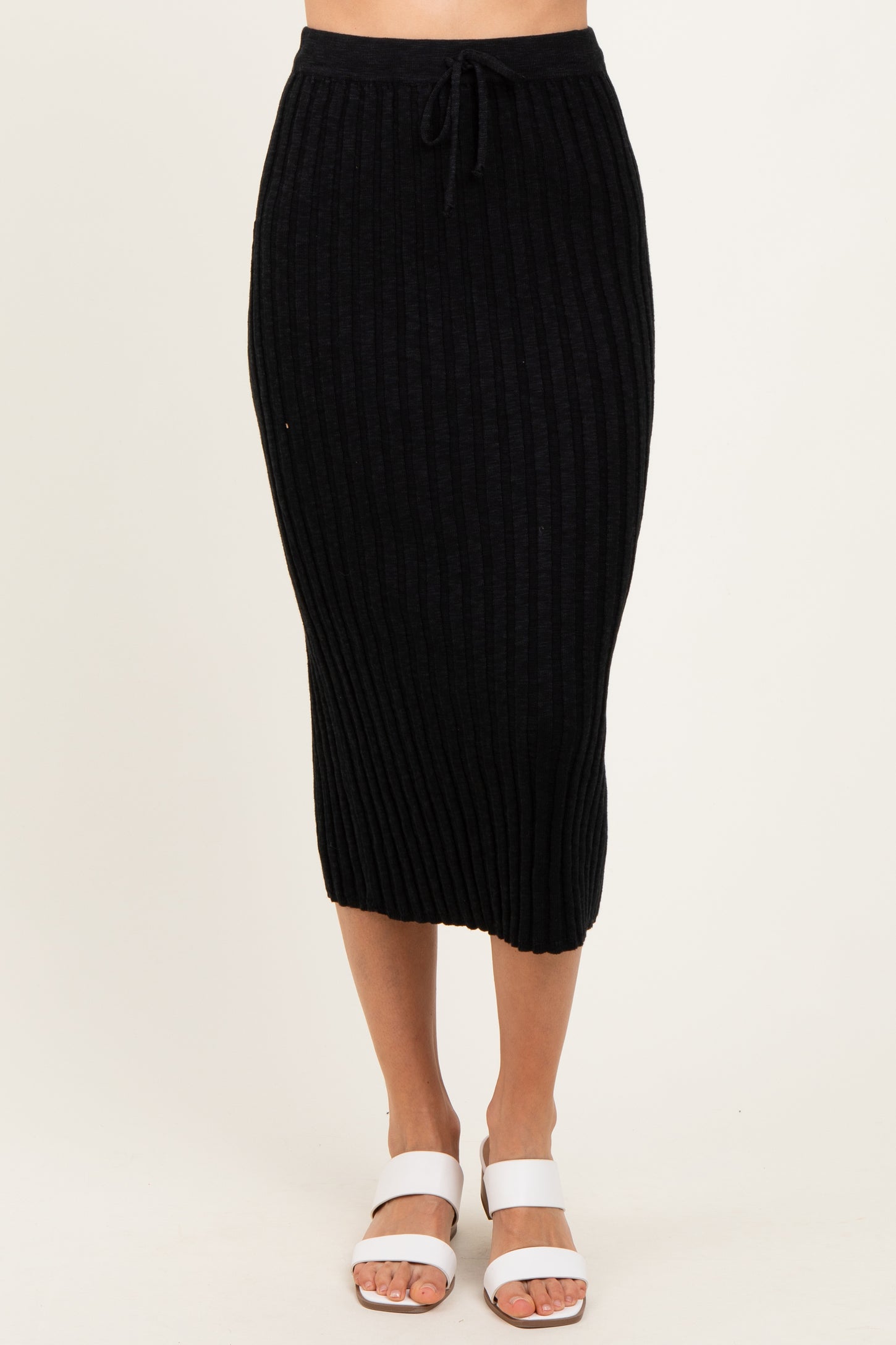 Black Ribbed Knit Drawstring Midi Skirt