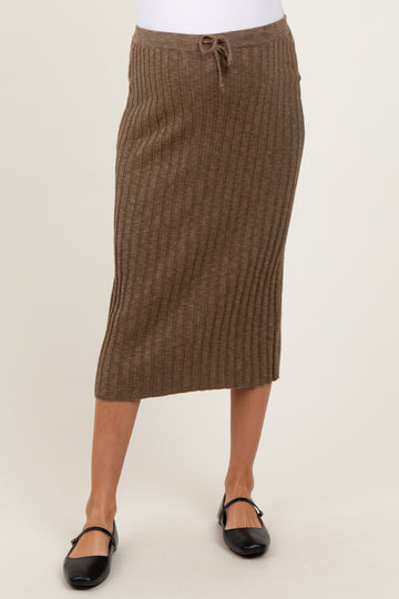 Mocha Ribbed Knit Drawstring Maternity Midi Skirt