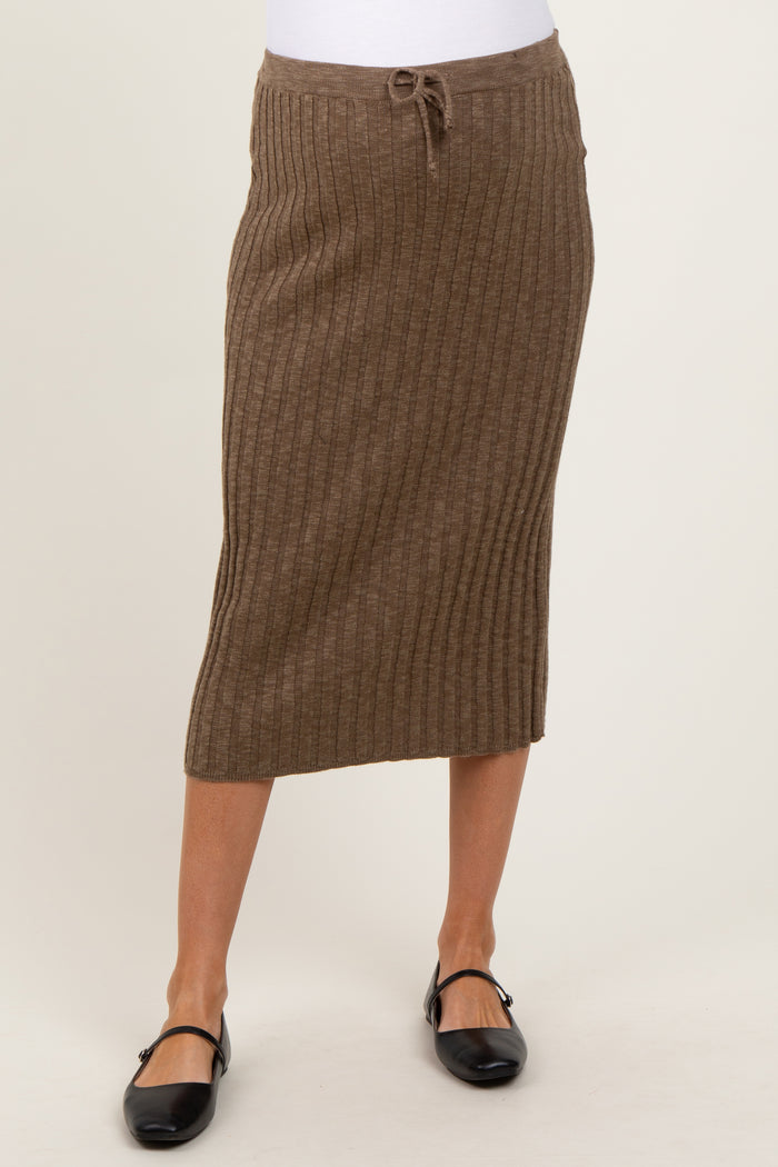 Mocha Ribbed Knit Drawstring Maternity Midi Skirt
