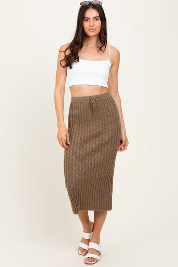 Mocha Ribbed Knit Drawstring Midi Skirt