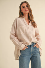Beige Cotton Gauze Oversized Button Down Shirt