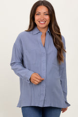 Blue Cotton Gauze Oversized Maternity Button Down Shirt