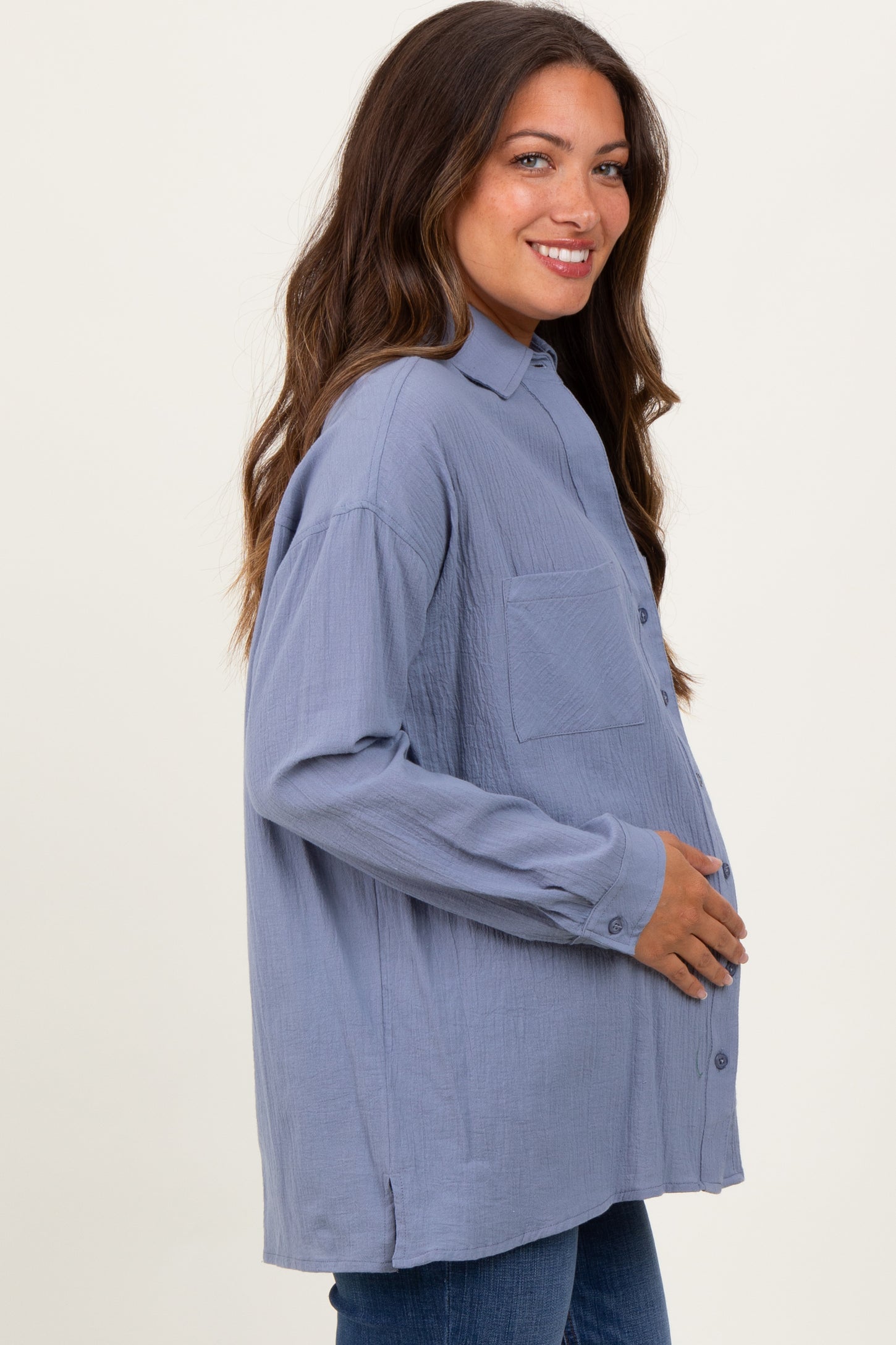 Blue Cotton Gauze Oversized Maternity Button Down Shirt