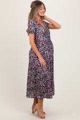 Black Floral Reversible Front Cinched Maternity Midi Dress