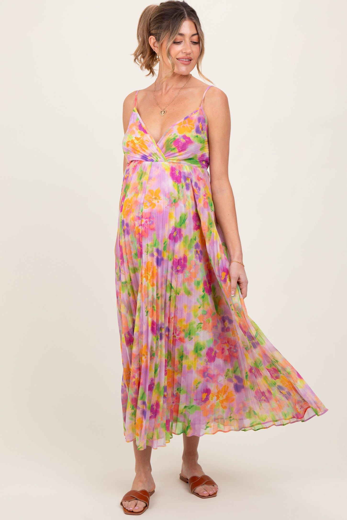Lilac Floral Pleated Open Back Maternity Maxi Dress
