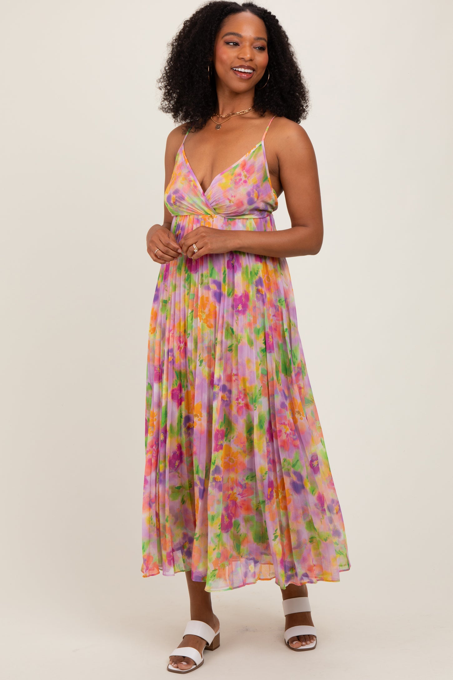 Lilac Floral Pleated Open Back Maxi Dress