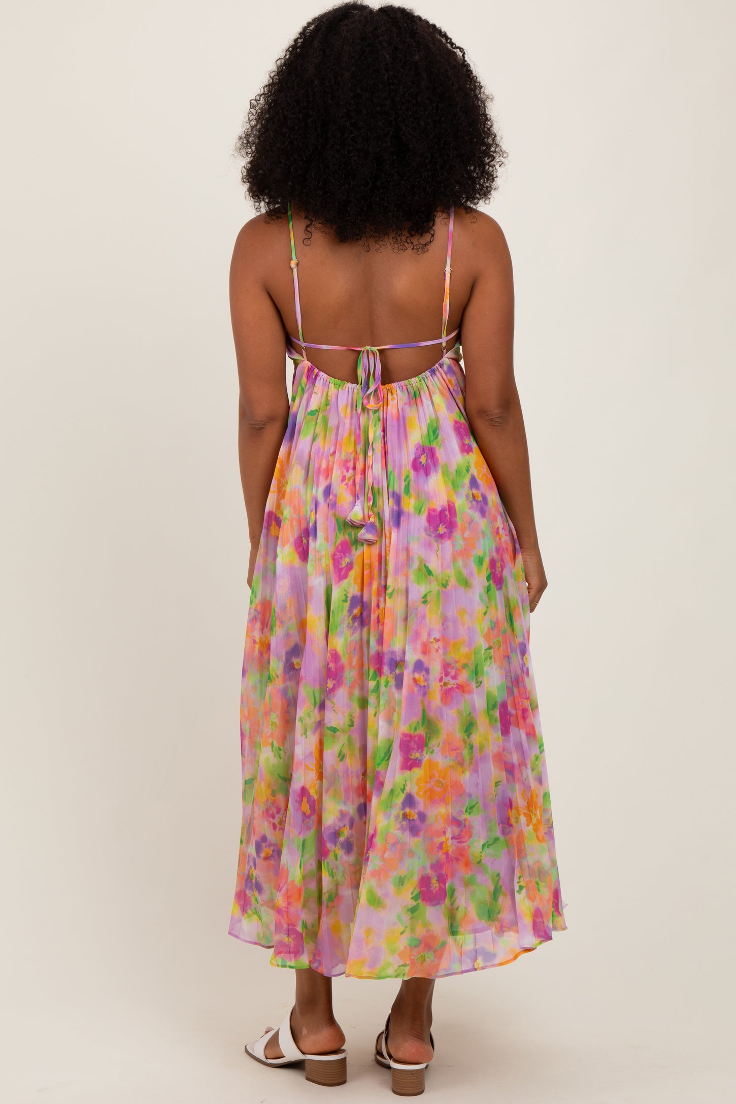Lilac Floral Pleated Open Back Maxi Dress