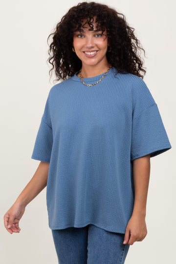 Blue Ribbed Short Sleeve Top