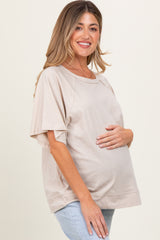 Beige Oversized Raw Hem Short Sleeve Maternity Tee
