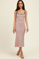 Light Pink Striped Knit Square Neck Midi Dress
