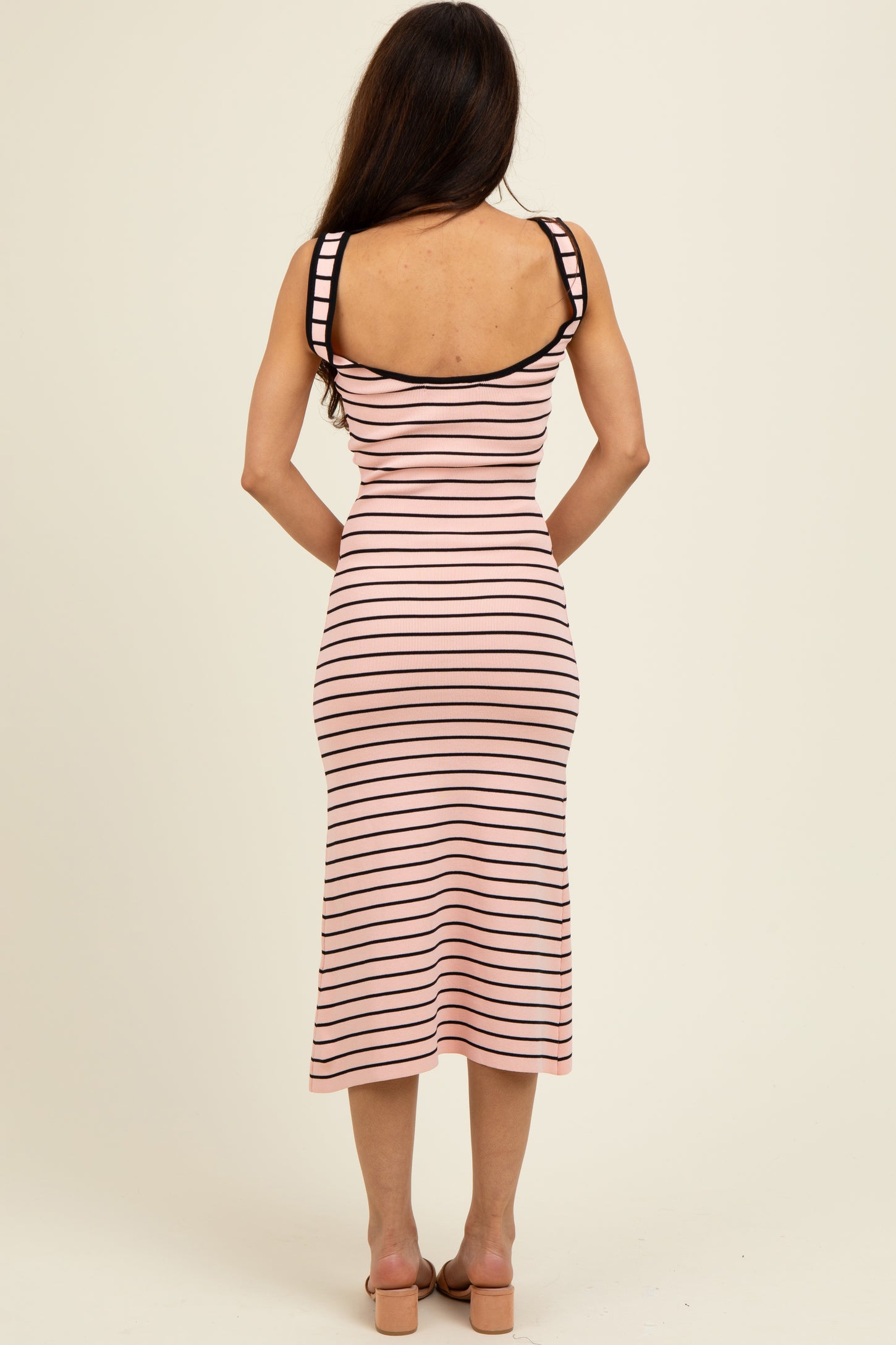 Light Pink Striped Knit Square Neck Midi Dress