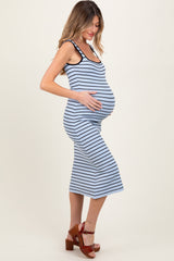 Light Blue Striped Knit Square Neck Maternity Midi Dress