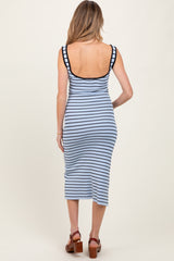 Light Blue Striped Knit Square Neck Maternity Midi Dress
