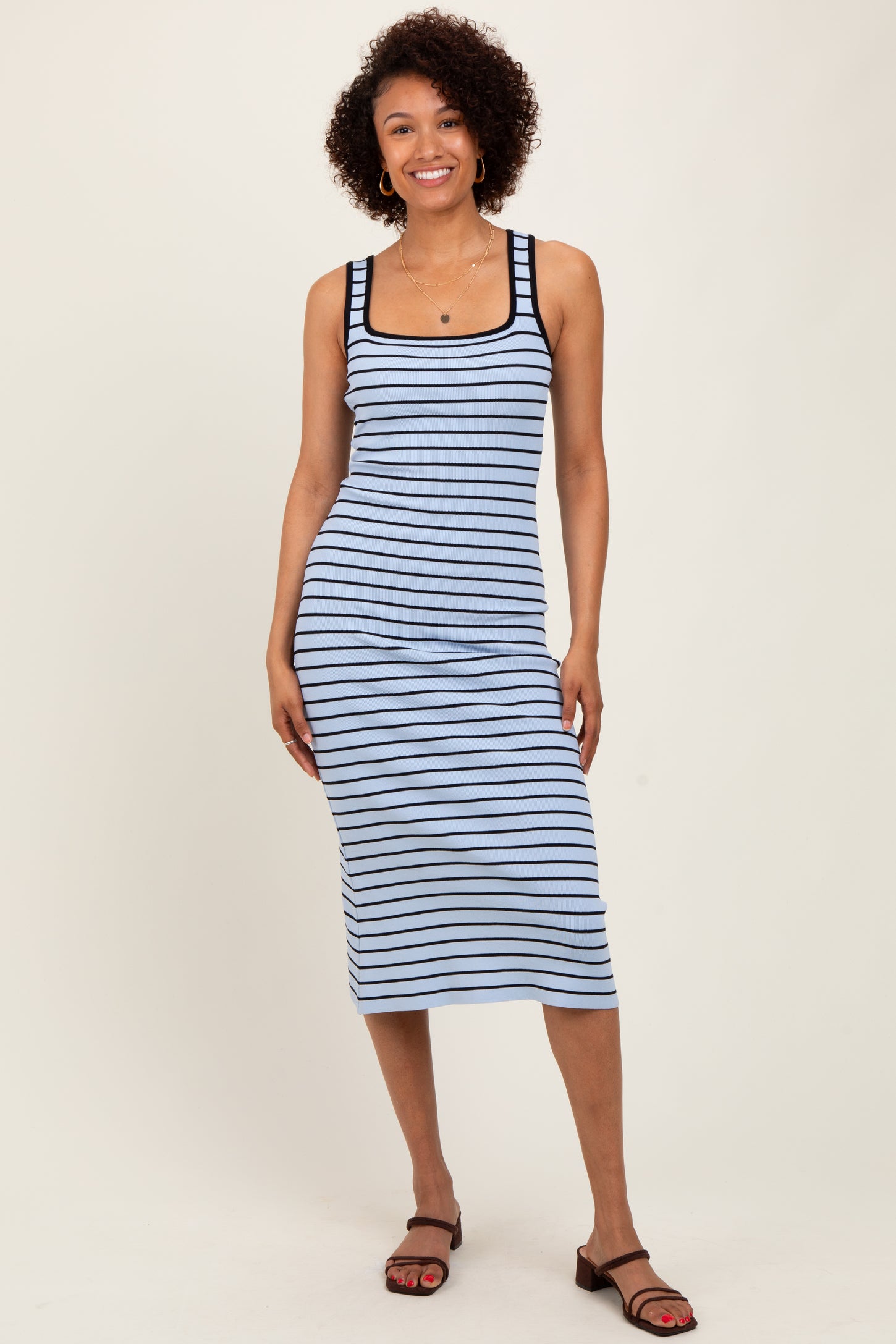 Light Blue Striped Knit Square Neck Midi Dress