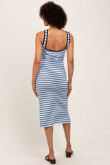 Light Blue Striped Knit Square Neck Midi Dress