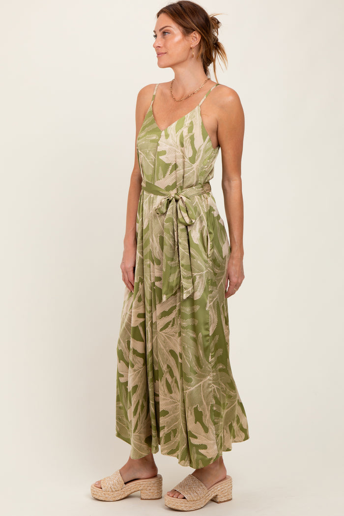 Lime Green Leaf Print Sash Tie Midi Dress