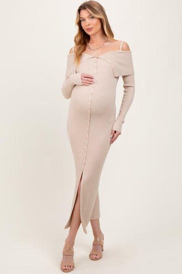 Beige Off Shoulder Long Cardigan Maternity Maxi Dress