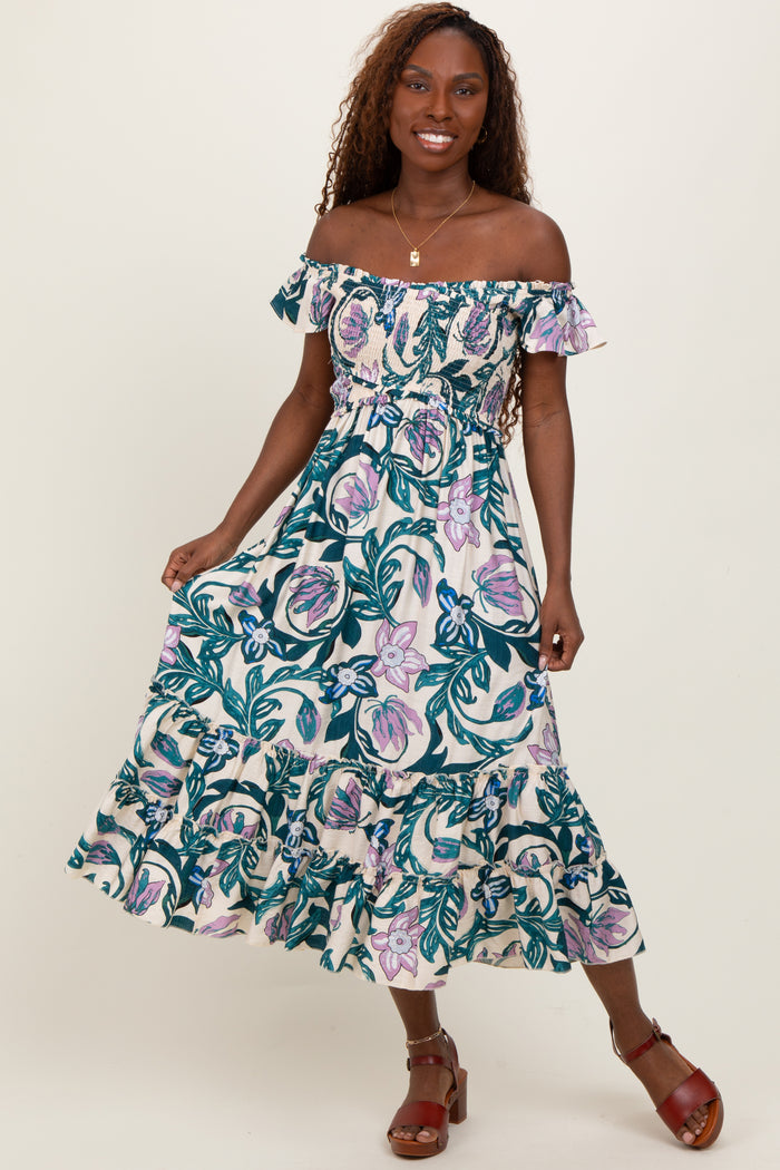 Teal Multi Smocked Top Woven Midi Dress