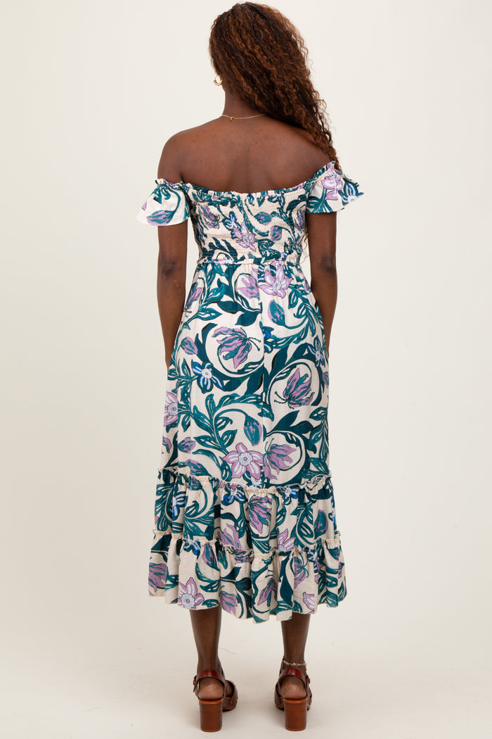 Teal Multi Smocked Top Woven Midi Dress