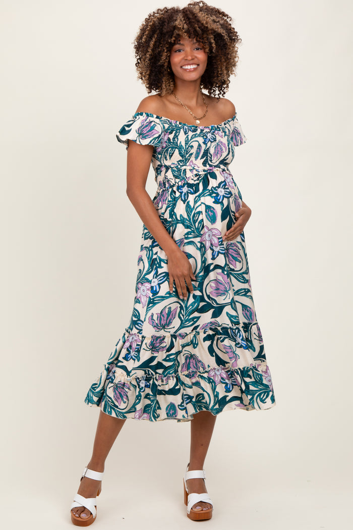 Teal Multi Smocked Top Woven Maternity Midi Dress