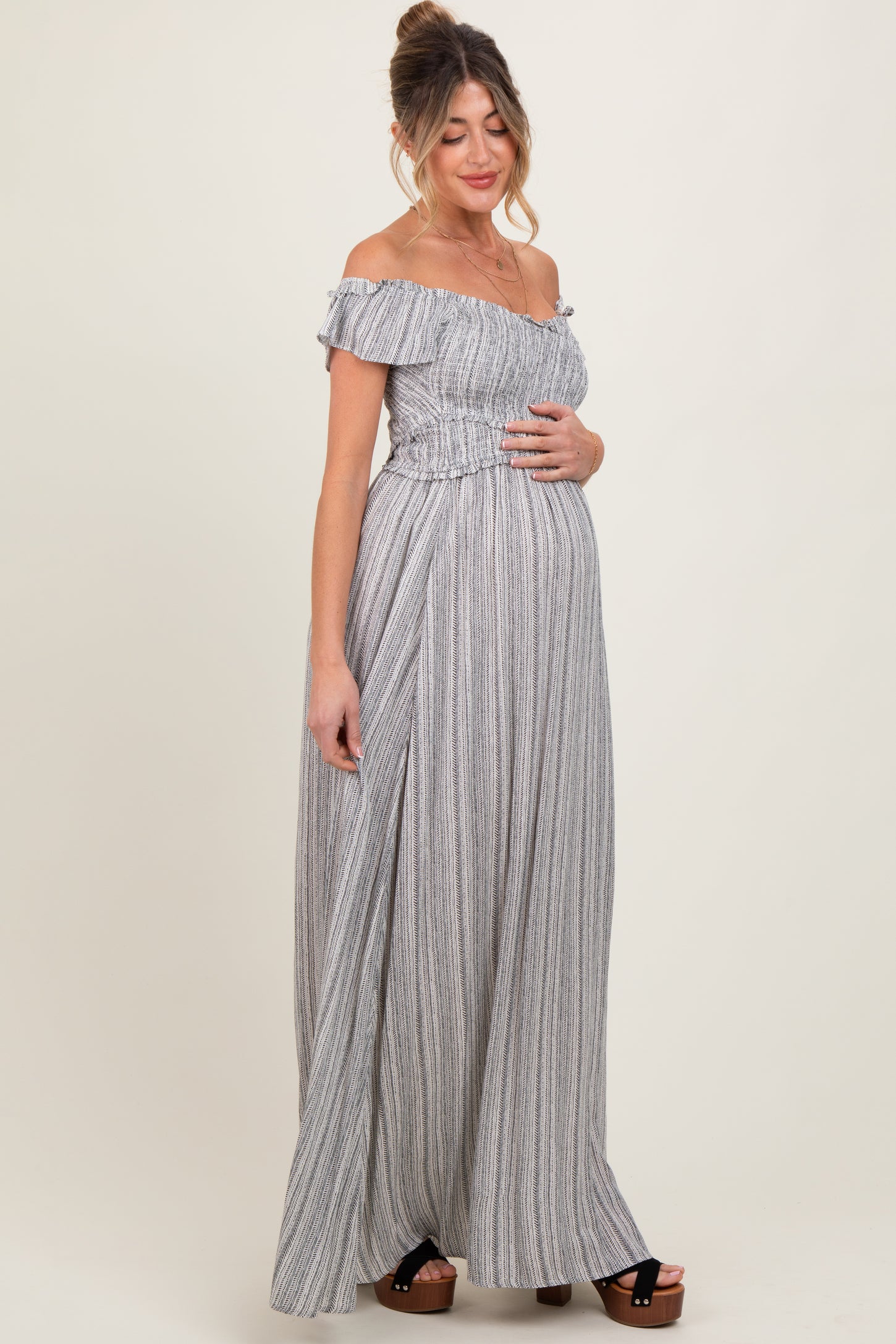 Black Smocked Top Woven Maternity Maxi Dress